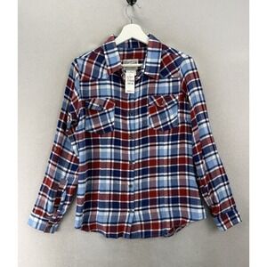 Overdrive Women's S Red Blue Plaid Flannel Shirt Western Roll Tab NWT Button Up